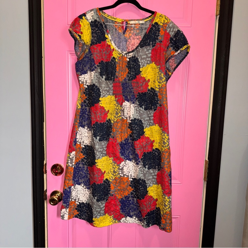 Boden Womens Multi Color Floral Cotton Shift‎ Dress US 14L Smocked Dobby